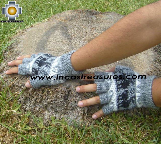 100% Alpaca Wool Fingerless Gloves with Llama Designs silver  - Product id: ALPACAGLOVES09-31 Photo02