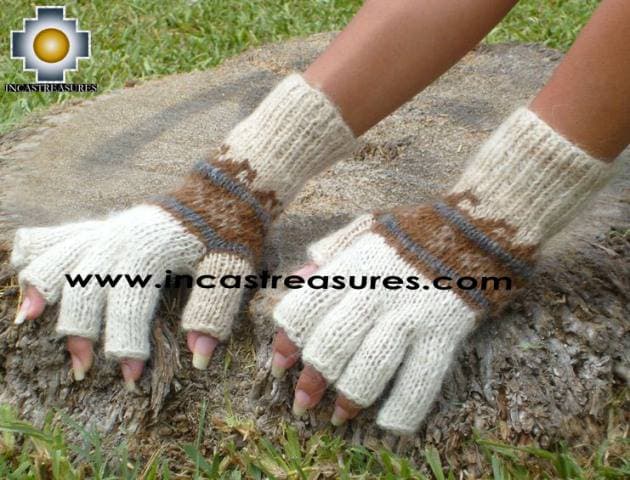100% Alpaca Wool Fingerless Gloves with rustic Designs cream - Product id: ALPACAGLOVES09-30 Photo01