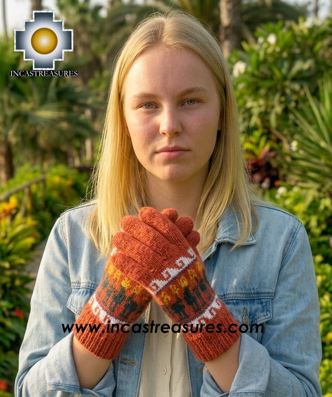 100% Alpaca Wool Gloves with Llama Designs Orange
