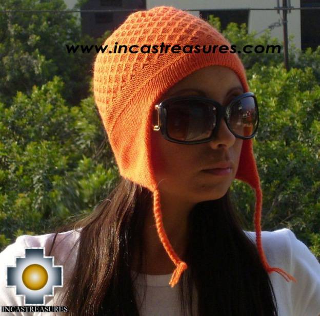 Alpaca Wool Hat Arawi orange, solid Color Chullo - available in 14 colors - Product id: Alpaca-Hats09-35 Photo01